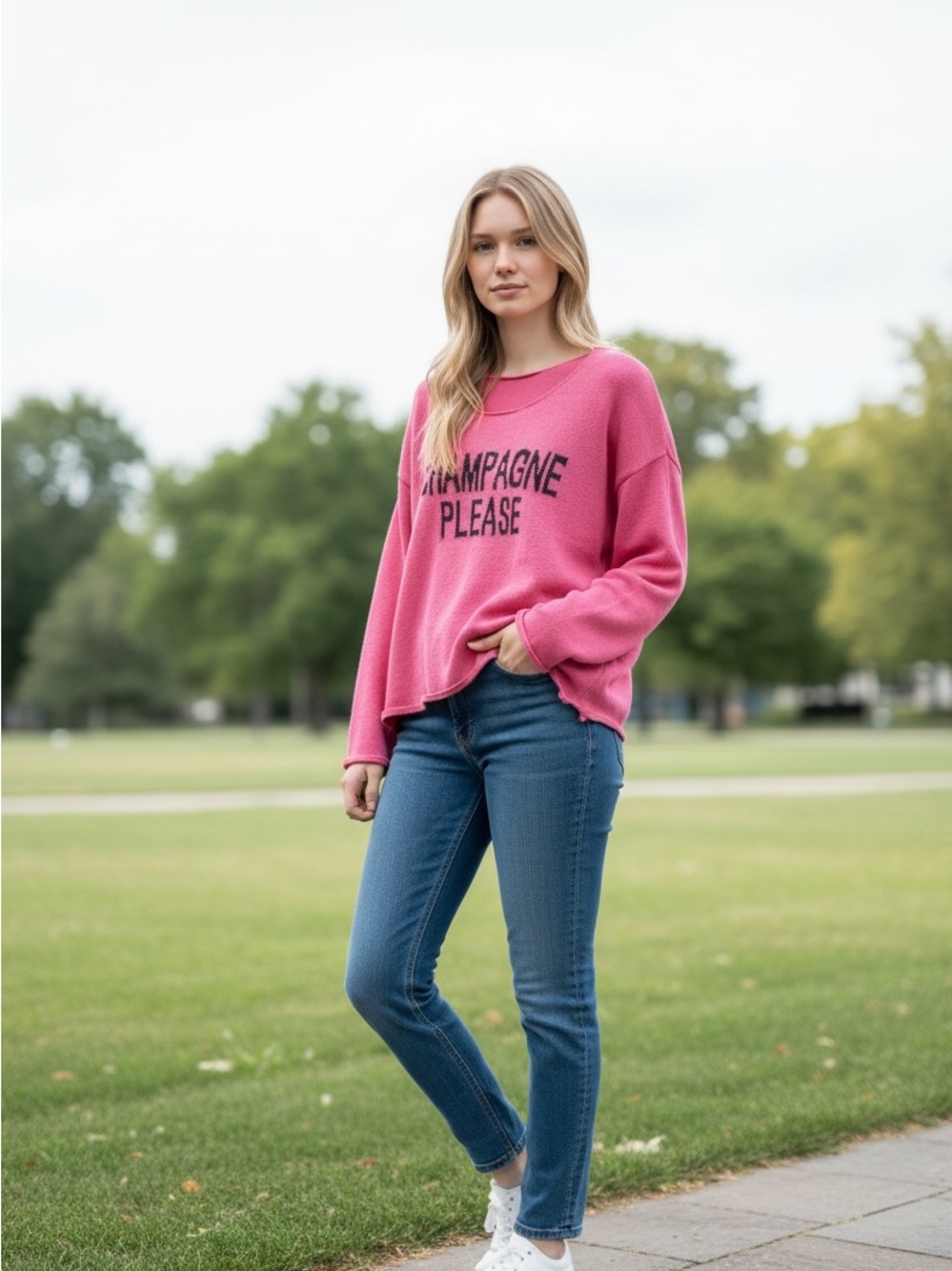 Miracle Pink Crewneck Sweater with 'Champagne Please' Script - Picture 11 of 11